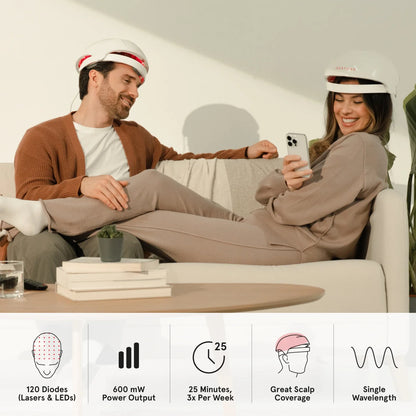 Image of a man and woman wearing the Essential hair device both sitting on a couch. The image shows the key benefits of the Essential hair device. 120 diodes, 600 milliwatt power output, 25 minutes use (3 times per week), great scalp coverage and single wavelength.