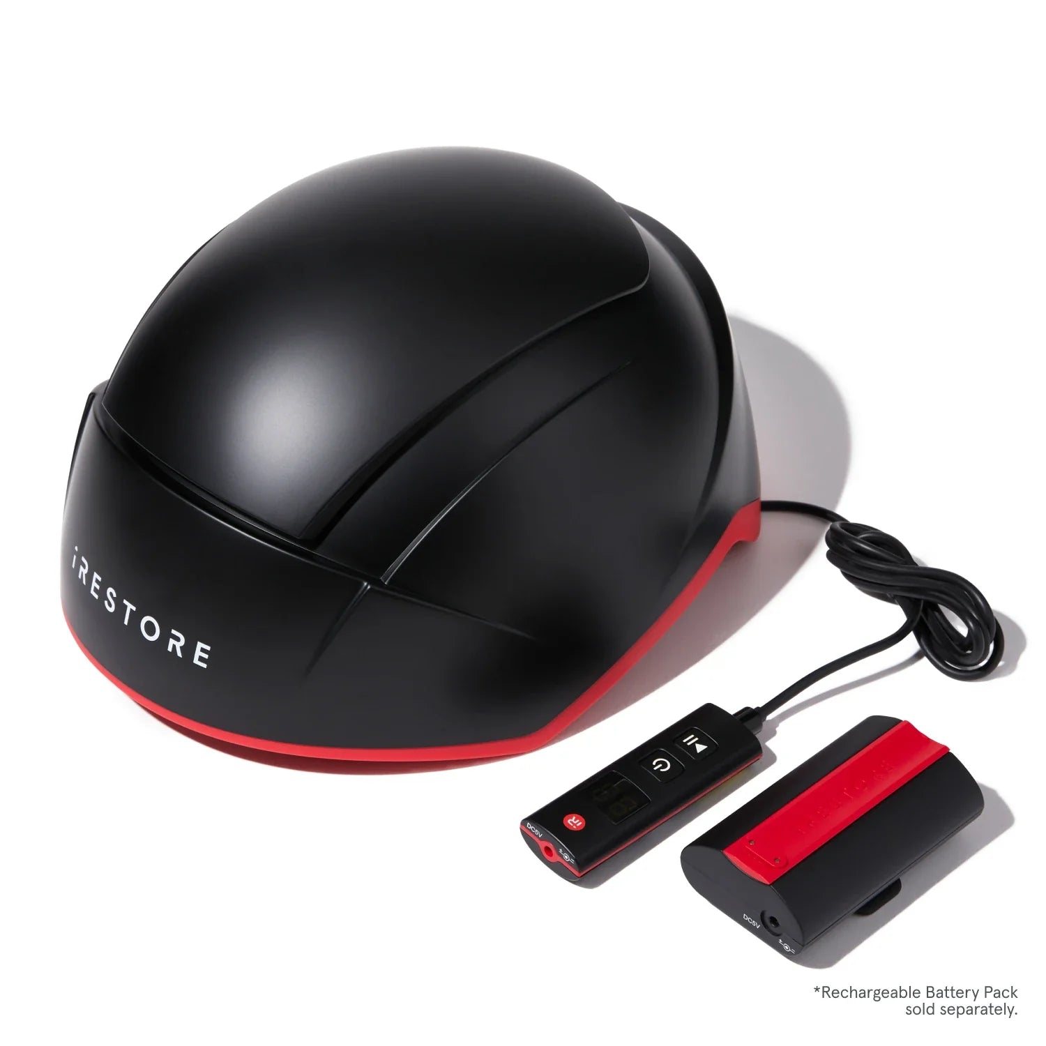 Image of the Elite helmet device beside the rechargeable battery pack.