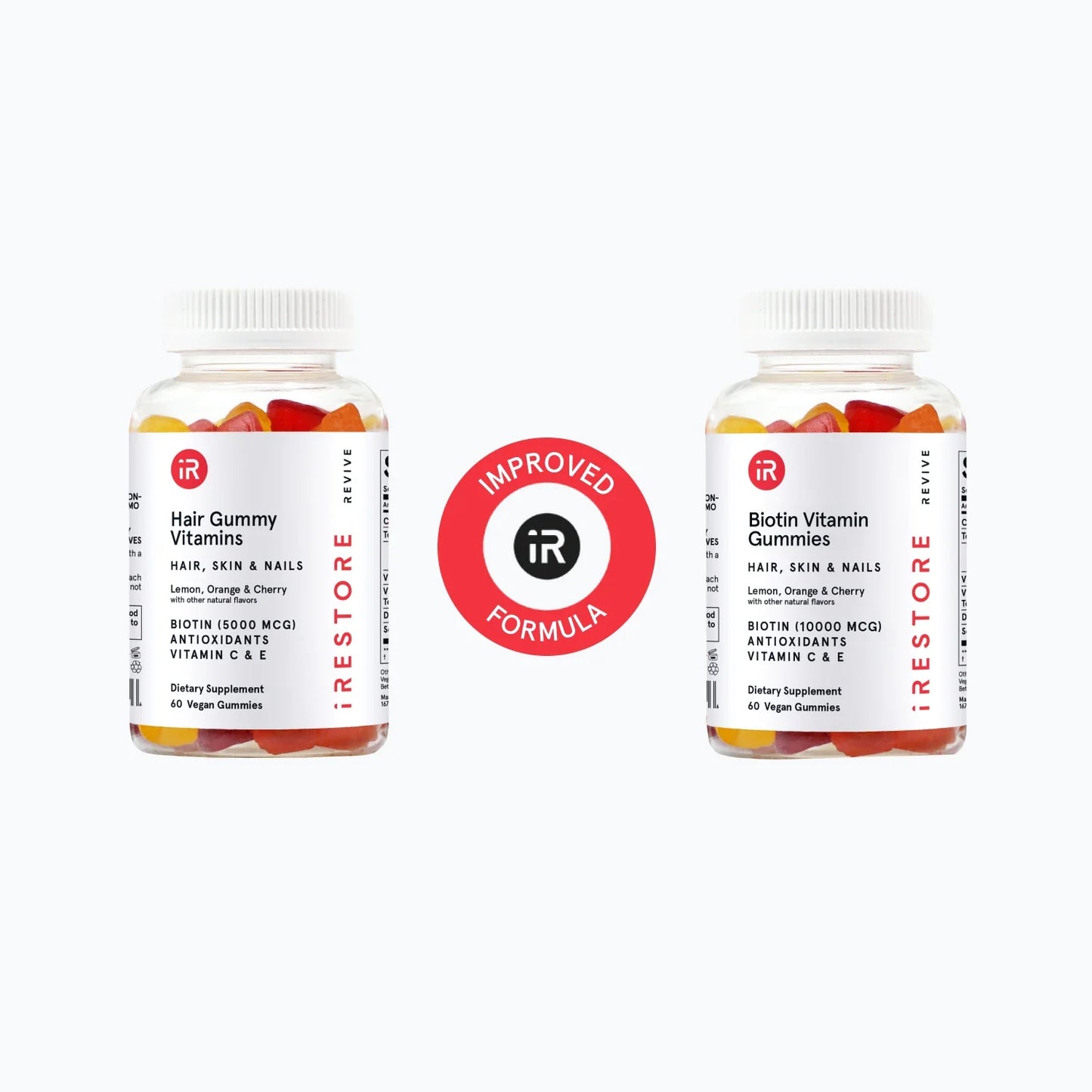 Improved formula. Old hair gummy vitamins bottle beside the Biotin vitamin gummies bottle.