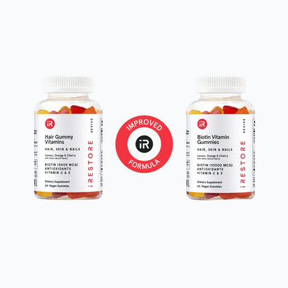 Improved formula. Old hair gummy vitamins bottle beside the Biotin vitamin gummies bottle.
