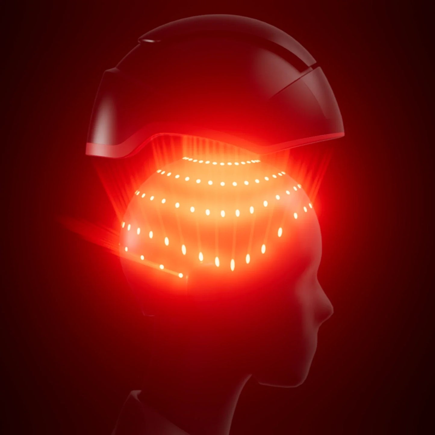 Render image of the Elite hair device above a 3D head model with the lasers beaming into its scalp coming from the helmet.