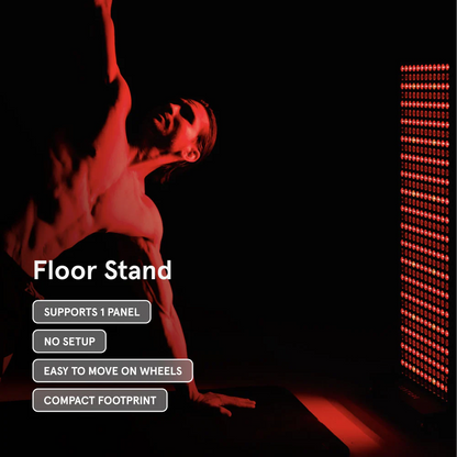Person using a floor stand with text highlighting features on a dark background
