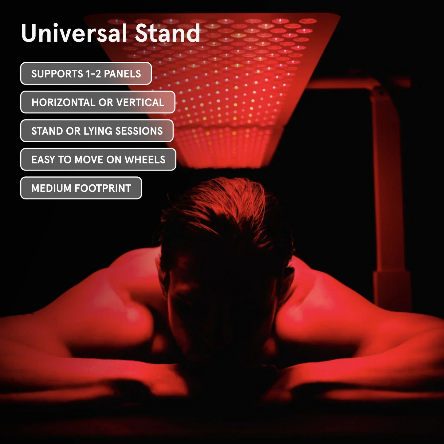 Person lying under a red light therapy panel with text describing the 'Universal Stand'.