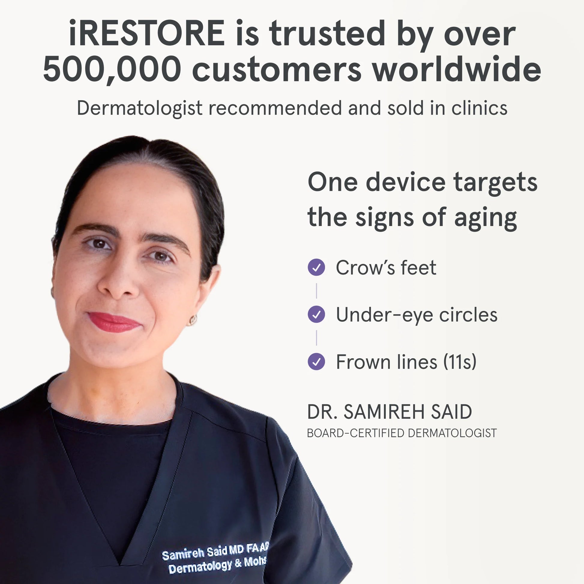 Dr. Samireh Said, board certified dermatologist. iRESTORE trusted by over 500,000 customers worldwide.  Dermatologist recommended and sold in clinics. One device targets the signs of aging. Crows feet, under eye circle, frown lines (11s)