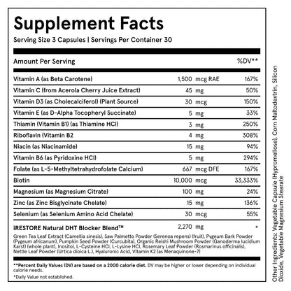An image of the Hair Growth Formula Supplement Facts and Ingredients . Serving size, 3 capsules. Servings per container, 30. Ingredients. Green Tea Leaf Extract (Camellia sinesis)m Saw Palmetto Powder (Serenoa repensl fruit), Pygeum Bark Powder (Pygeum africanum), Pumpkin Seed Powder (Cucurbita)m Organic Reishi Mushroom Powder (Ganoderma lucidium Karstl), Inositol, L-Cysteine, HCI, Rosemary Leaf Powder (Rosmarinus Officinalis), Nettle Leaf Powder (Urtica dioica L), Hyaluronic acid, Vitamin K2.