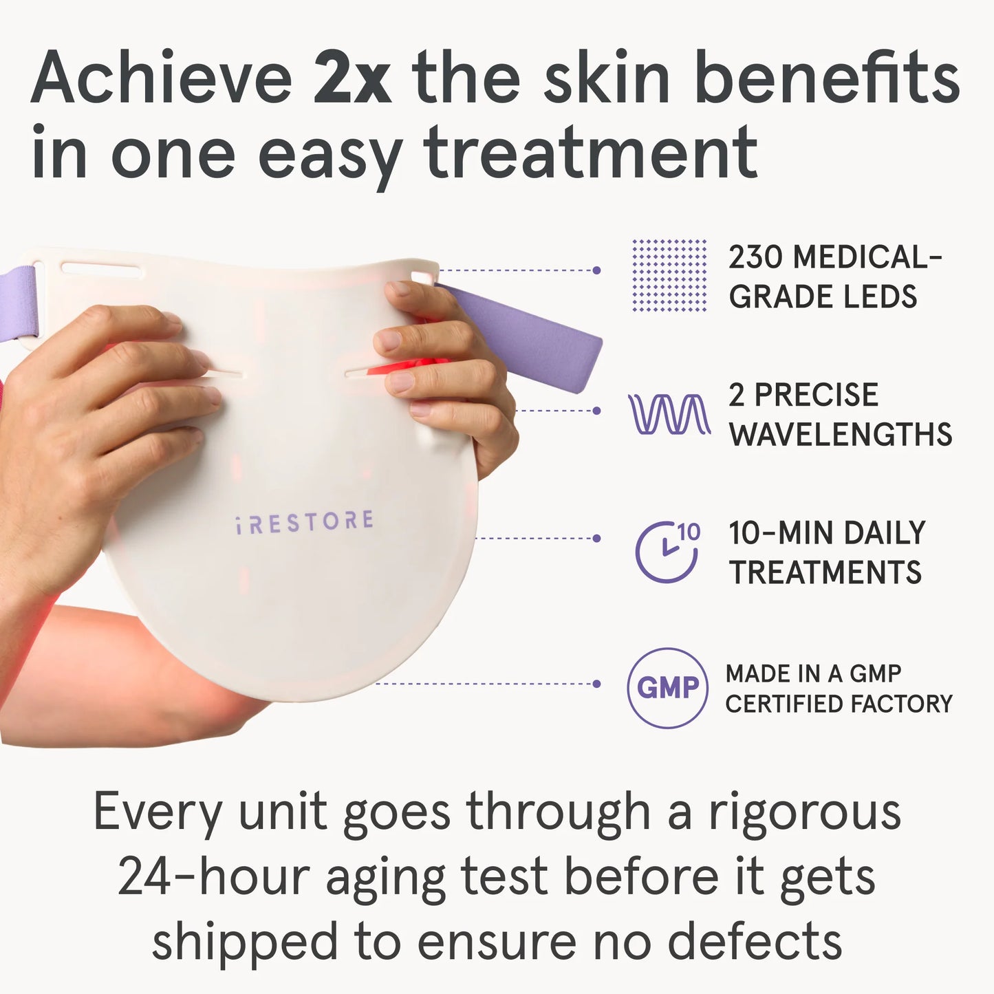 Achieve 2 times the skin benefits in one easy treatment with the iRESTORE LED neck and chest mask featuring 230 Medical-Grade LEDs, 2 Precise Wavelengths, 10-Min Daily Treatments., Made in a GMP certified factory. Every unit goes through a rigorous 24 hour aging test before it gets shipped to ensure no defects

