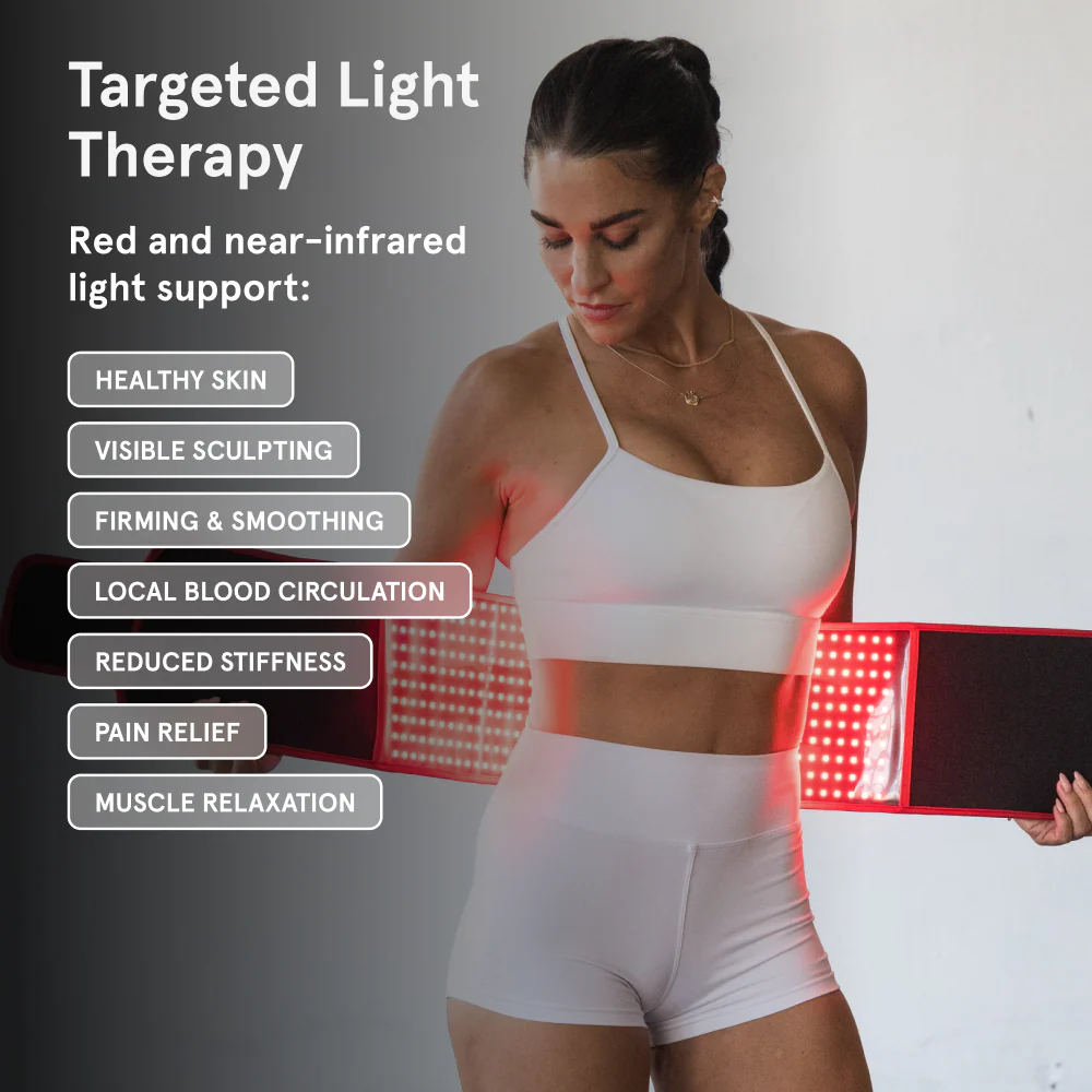 "Targeted Light Therapy" featuring a woman in white athletic wear wrapping the glowing red Sculpt Belt around her waist. A list of benefits for red and near-infrared light support includes healthy skin, visible sculpting, firming & smoothing, local blood circulation, reduced stiffness, pain relief, and muscle relaxation.