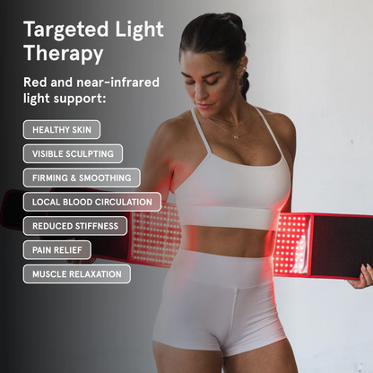"Targeted Light Therapy" featuring a woman in white athletic wear wrapping the glowing red Sculpt Belt around her waist. A list of benefits for red and near-infrared light support includes healthy skin, visible sculpting, firming & smoothing, local blood circulation, reduced stiffness, pain relief, and muscle relaxation.