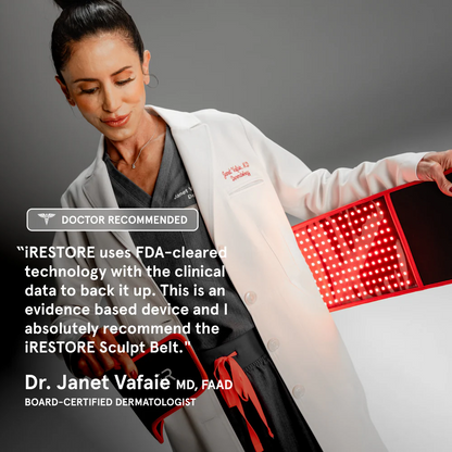 Dr. Janet Vafaie, MD, FAAD, a board-certified dermatologist, holding a glowing red iRESTORE Sculpt Belt. A "Doctor Recommended" badge overlays her quote: "iRESTORE uses FDA-cleared technology with the clinical data to back it up. This is an evidence based device and I absolutely recommend the iRESTORE Sculpt Belt."