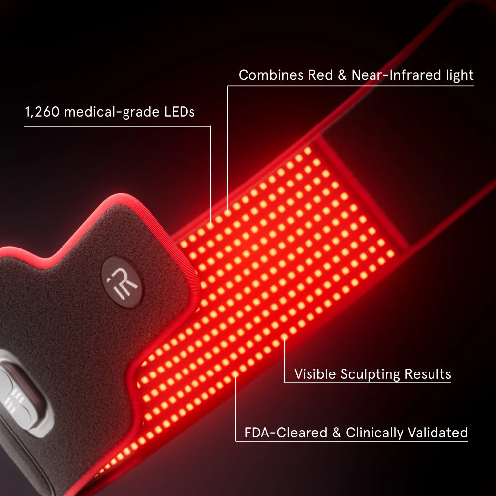 Sculpt Belt showing its glowing interior grid of red lights. Text labels point to features including 1,260 medical-grade LEDs, a combination of red and near-infrared light, visible sculpting results, and FDA-cleared and clinically validated design.