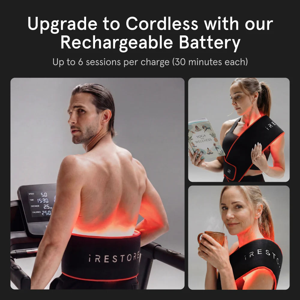 "Upgrade to Cordless with our Rechargeable Battery" highlighting up to 6 sessions per charge. Three photos demonstrate the cordless versatility of the sculpt belt: a man using it on his lower back while on a treadmill, a woman wearing it over her shoulder while reading a book, and another woman wearing it while enjoying a hot beverage.