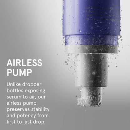 Airless vitamin c serum pump with droplets on a gray background, text explaining its benefits.