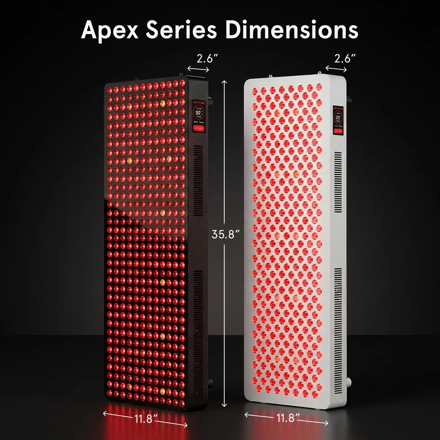 Two LED panels with dimensions labeled on a black background