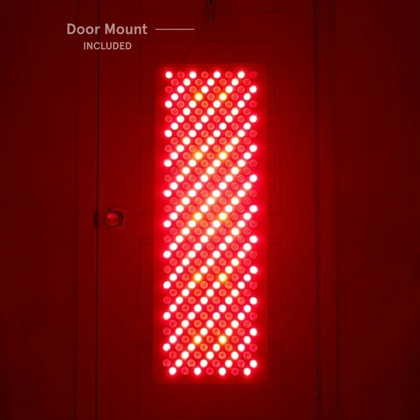 Apex body panel glowing with red and orange LEDs, hanging on a door. Text in the upper left corner indicates "Door Mount INCLUDED."