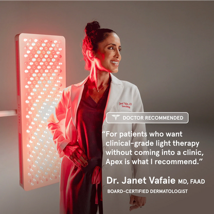 board-certified dermatologist, Dr. Janet Vafaie, MD, FAAD, stands next to a glowing iRESTORE light therapy panel. A "DOCTOR RECOMMENDED" badge overlays the image with her quote: “For patients who want clinical-grade light therapy without coming into a clinic, Apex is what I recommend.”