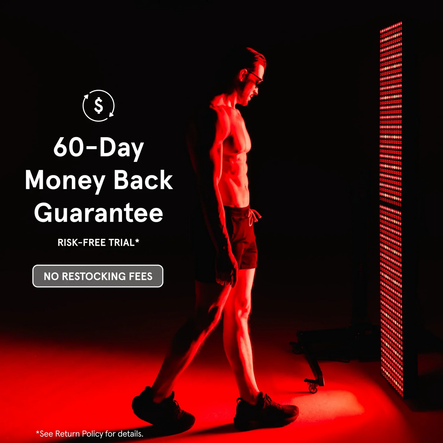 Man standing in front of glowing apex body panel. White text to the left says "60-Day Money Back Guarantee," a "RISK-FREE TRIAL," and "NO RESTOCKING FEES."