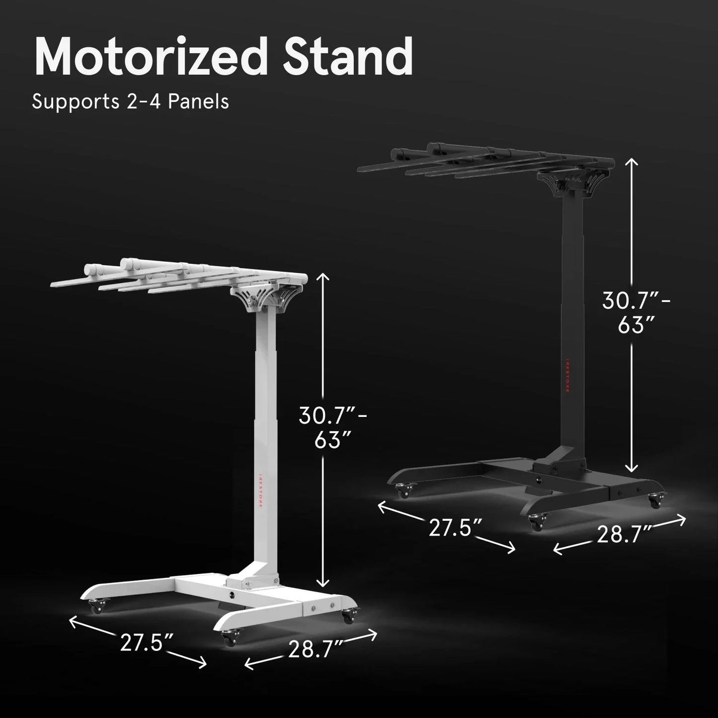 Motorized stand with dimensions labeled on a black background