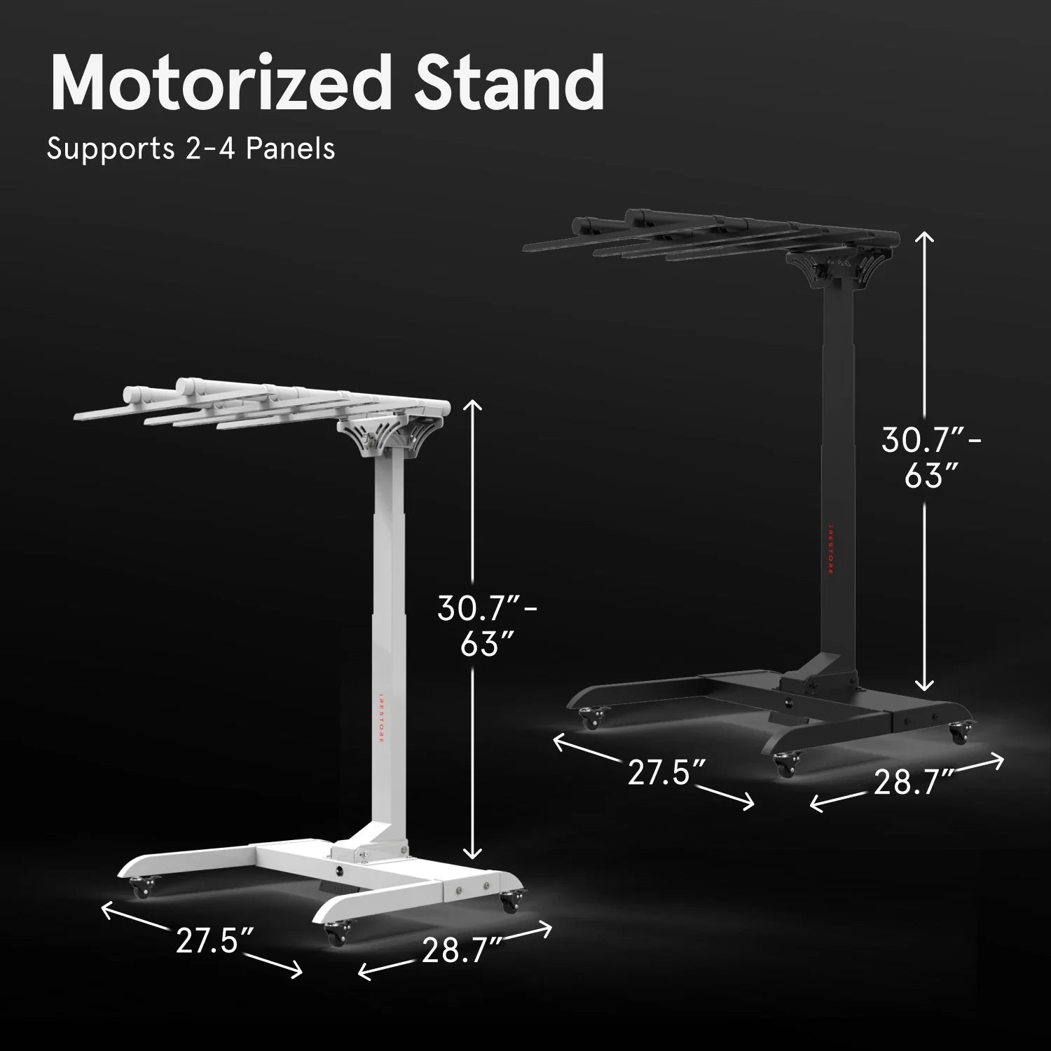 Motorized stand with dimensions labeled on a black background