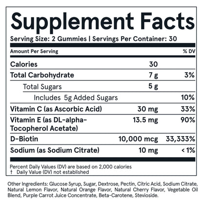 Biotin Vitamin Gummies supplement facts. Serving size: 2 gummies. Servings per container: 30.